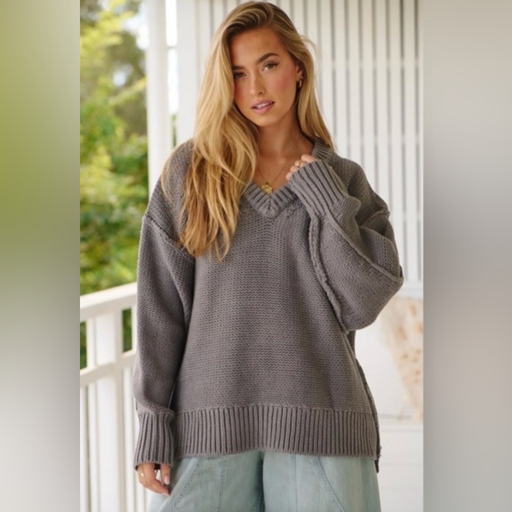 Free People Alli V Neck Sweater in Titan Grey